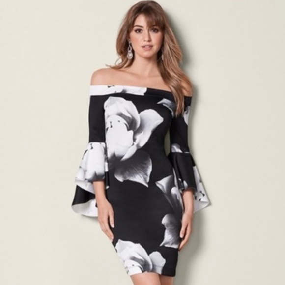 Venus Off Shoulder Black and White Bodycon Dress (XS) - Picture 1 of 10
